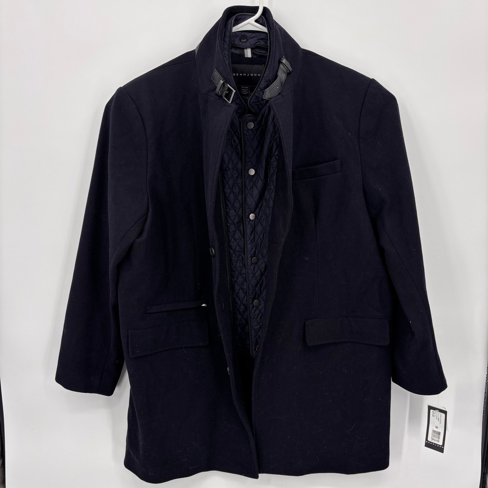 Sean John Car Coat Mens 3XL Navy New Wool Blend Quilted Bib Buckle Collar NWT